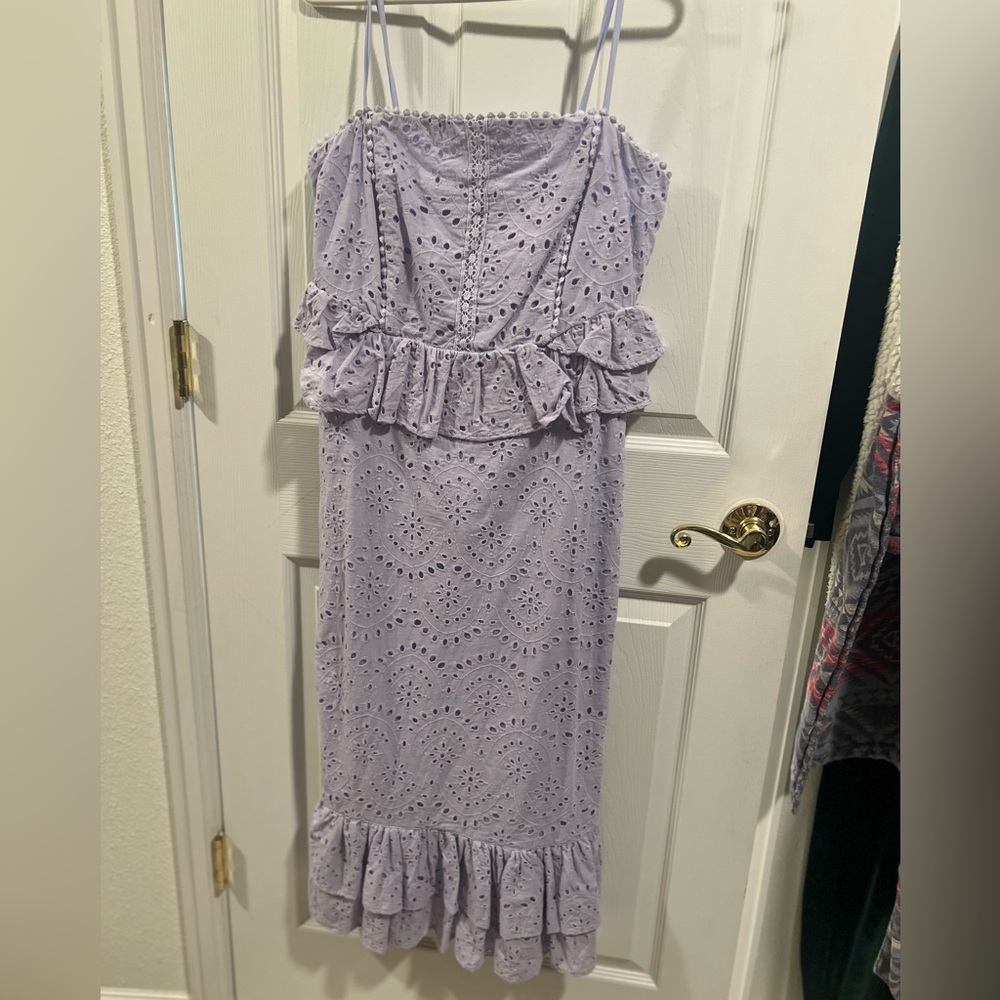 Lavender Eyelet Midi Dress with peplum